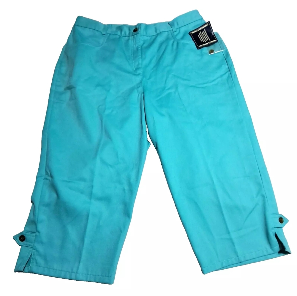 ALLISON DALLEY Pants Womens 14P Wrinkle Resistant Pull On Capris NWT AQUA CASUAL